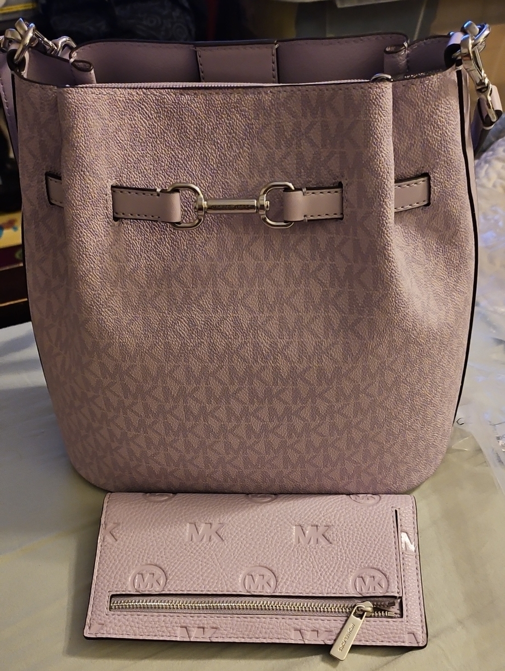 Michael Kors Lavender Pink MK Monogram Bucket Bag with Matching Wallet